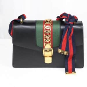 p1-111.jpg Gucci Sylvie Small Black Leather Web Ribbon Shoulder Bag 421882