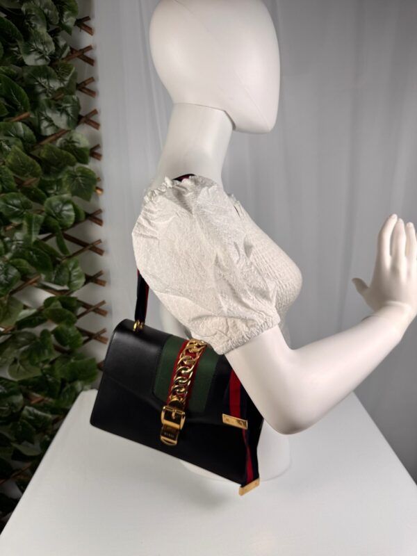 p1-112.jpg Gucci Sylvie Small Black Leather Web Ribbon Shoulder Bag 421882