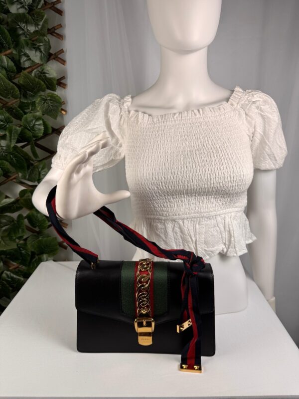 p1-114.jpg Gucci Sylvie Small Black Leather Web Ribbon Shoulder Bag 421882