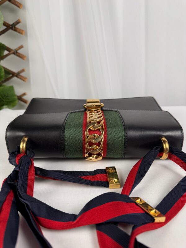 p1-118.jpg Gucci Sylvie Small Black Leather Web Ribbon Shoulder Bag 421882