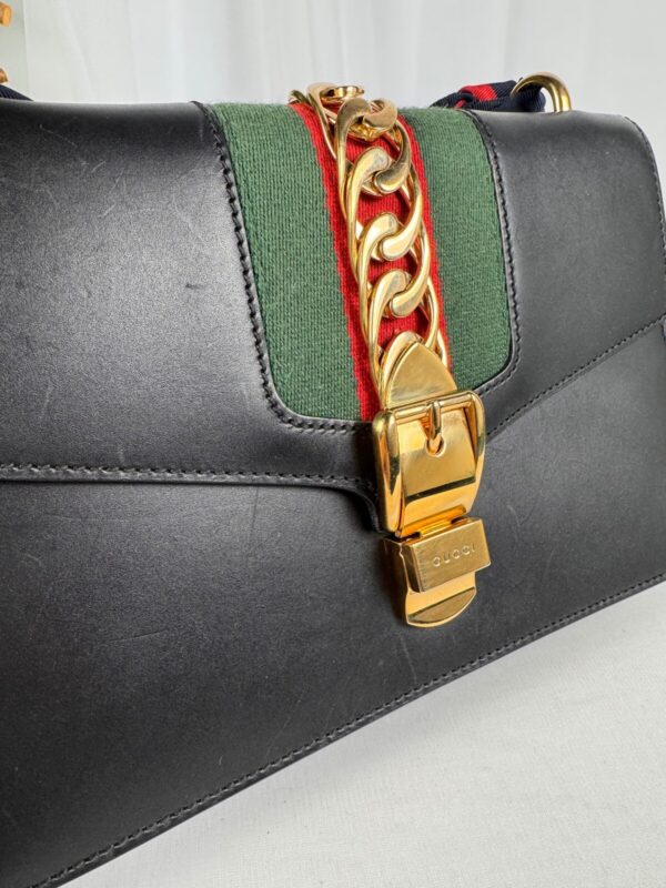 p1-120.jpg Gucci Sylvie Small Black Leather Web Ribbon Shoulder Bag 421882