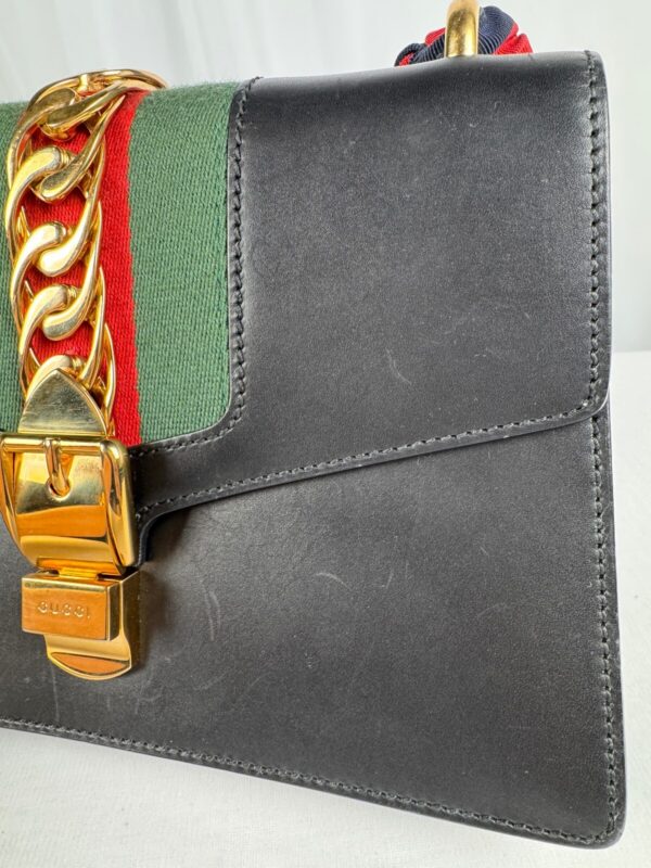 p1-121.jpg Gucci Sylvie Small Black Leather Web Ribbon Shoulder Bag 421882
