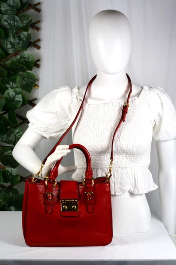 p1-156.jpg Miu Miu Red Calfskin Leather 2-Way Top Handle Shoulder Bag Gold Hardware