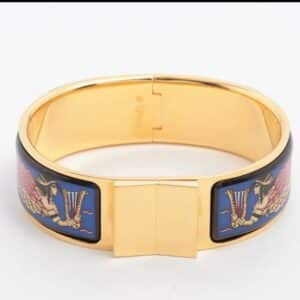 Hermès Enamel GM Blue Multicolor Gold-Plated Wide Hinged Bangle Bracelet