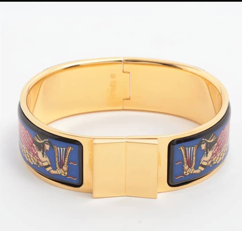 Hermès Enamel GM Blue Multicolor Gold-Plated Wide Hinged Bangle Bracelet