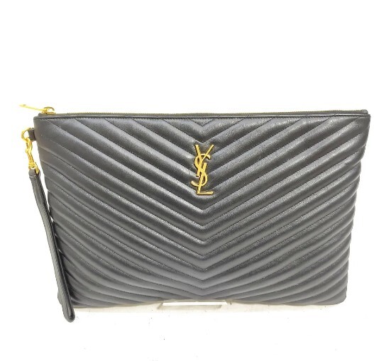 p1-209.jpg Saint Laurent YSL Monogram Matelassé Chevron Black Leather Document Clutch 440222
