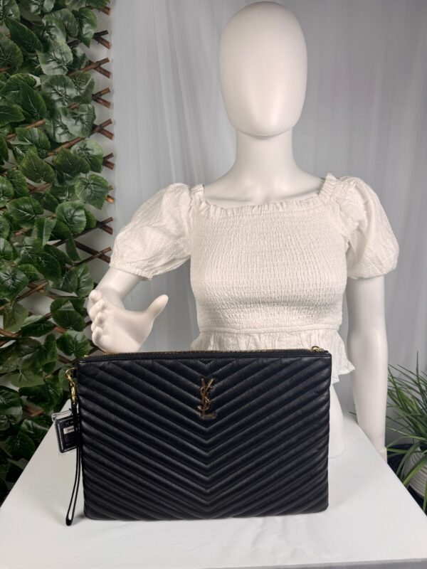 p1-210.jpg Saint Laurent YSL Monogram Matelassé Chevron Black Leather Document Clutch 440222