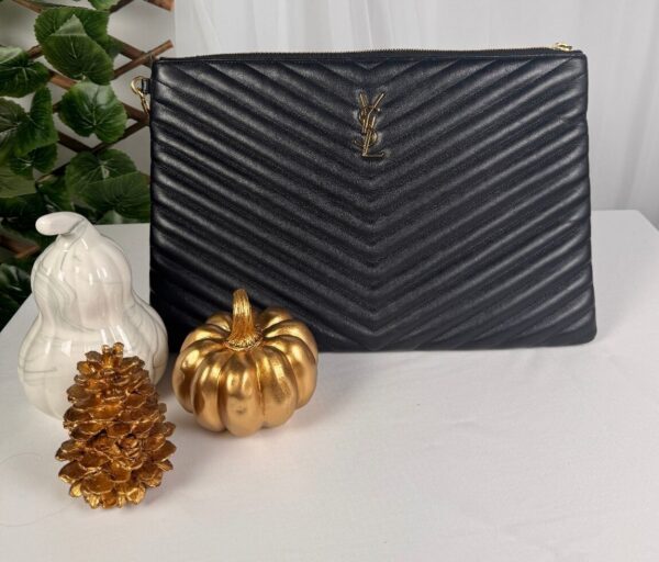 p1-213.jpg Saint Laurent YSL Monogram Matelassé Chevron Black Leather Document Clutch 440222