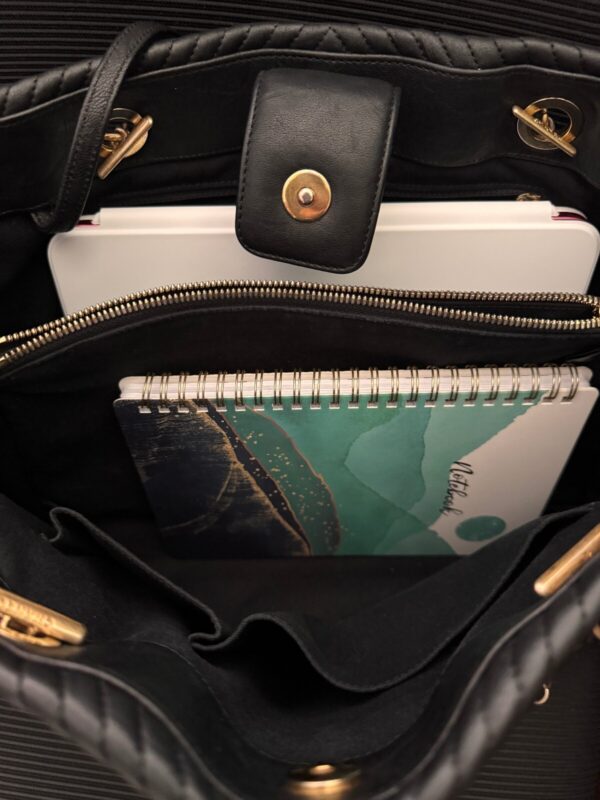 p1-235.jpg Chanel Surpique Chevron Calfskin CC Charm Black Leather Large Shopping Tote