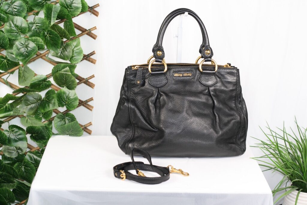 Miu Miu Black Ruched Pebbled Leather 2-Way Top Handle Crossbody Bag