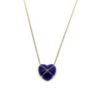 Tiffany & Co. Vintage 18K Yellow Gold Cobalt Blue Enamel Heart Pendant Necklace