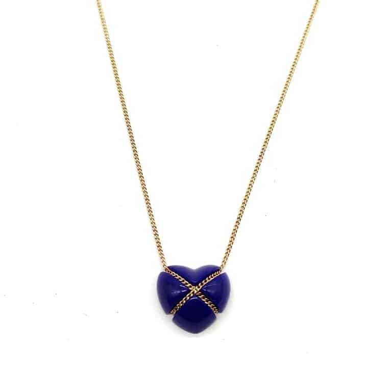Tiffany & Co. Vintage 18K Yellow Gold Cobalt Blue Enamel Heart Pendant Necklace