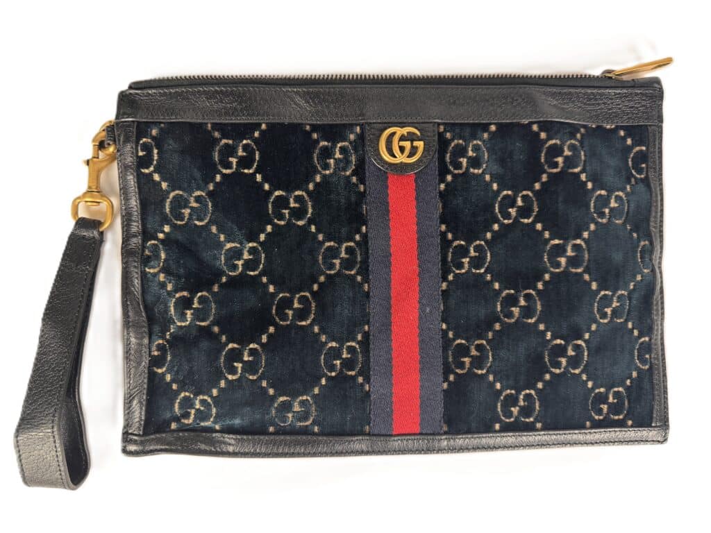 Gucci Ophidia GG Velvet Wristlet Clutch Navy Blue with Red Web Stripe