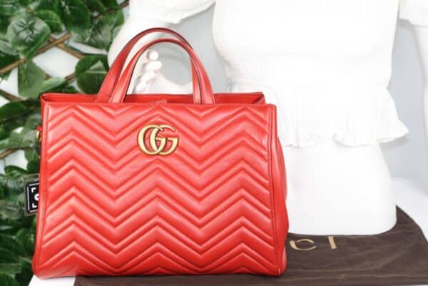 p1-102.jpg Gucci GG Marmont Medium Red Matelassé Leather Top Handle Tote