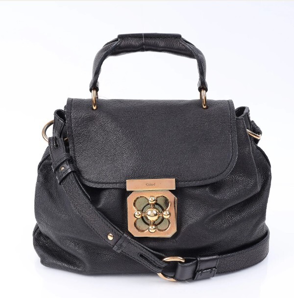 Chloé Elsie Black Pebbled Leather Shoulder Bag with Gold-Tone Hardware