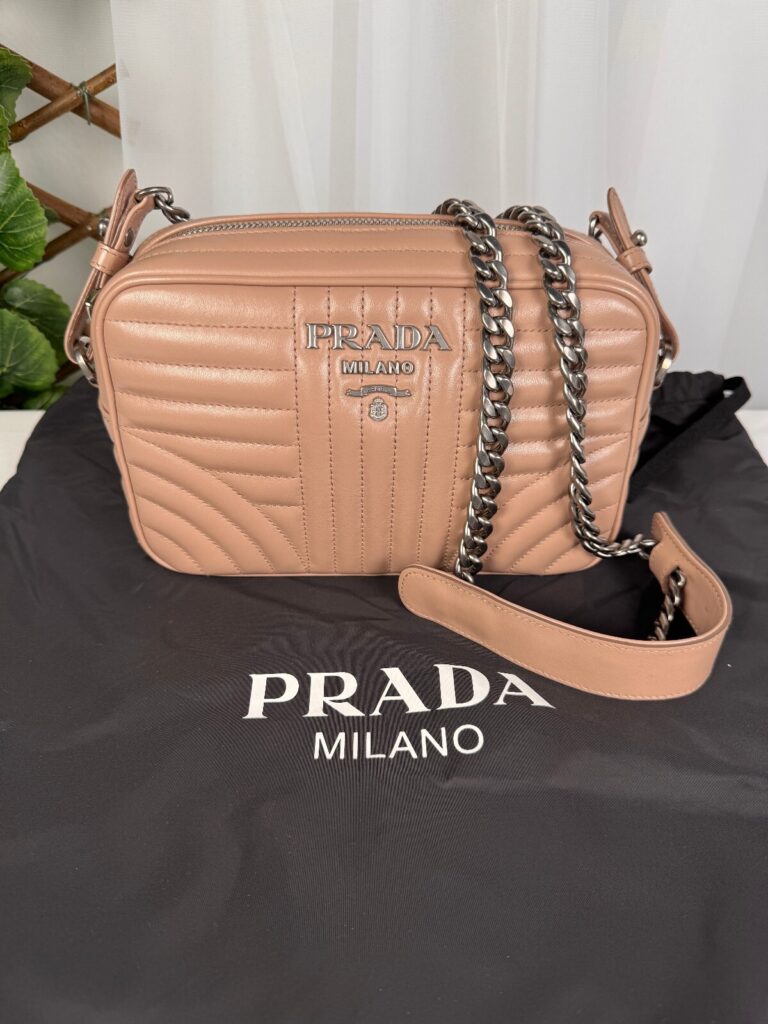 Prada Diagramme Camera Crossbody Bag Cipria Pink Quilted Calfskin Leather