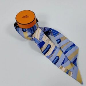 Hermès Twilly 86 Silk Scarf Blue Lavender and Gold Equestrian Print