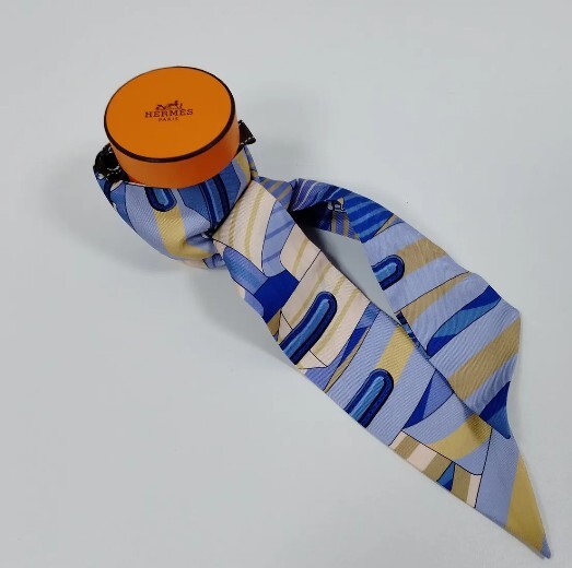 Hermès Twilly Silk Scarf Blue, Lavender & Yellow Equestrian Print