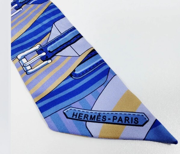 Hermès Twilly Silk Scarf Blue, Lavender & Yellow Equestrian Print
