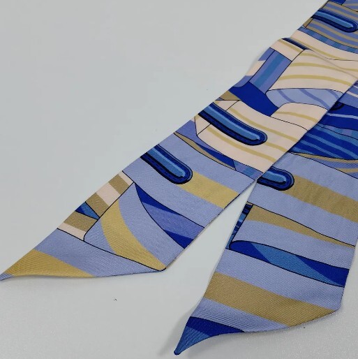 Hermès Twilly Silk Scarf Blue, Lavender & Yellow Equestrian Print
