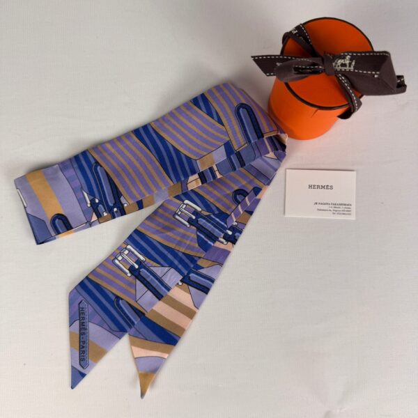 Hermès Twilly Silk Scarf Blue, Lavender & Yellow Equestrian Print