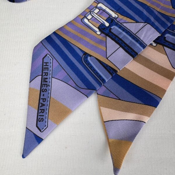 Hermès Twilly Silk Scarf Blue, Lavender & Yellow Equestrian Print