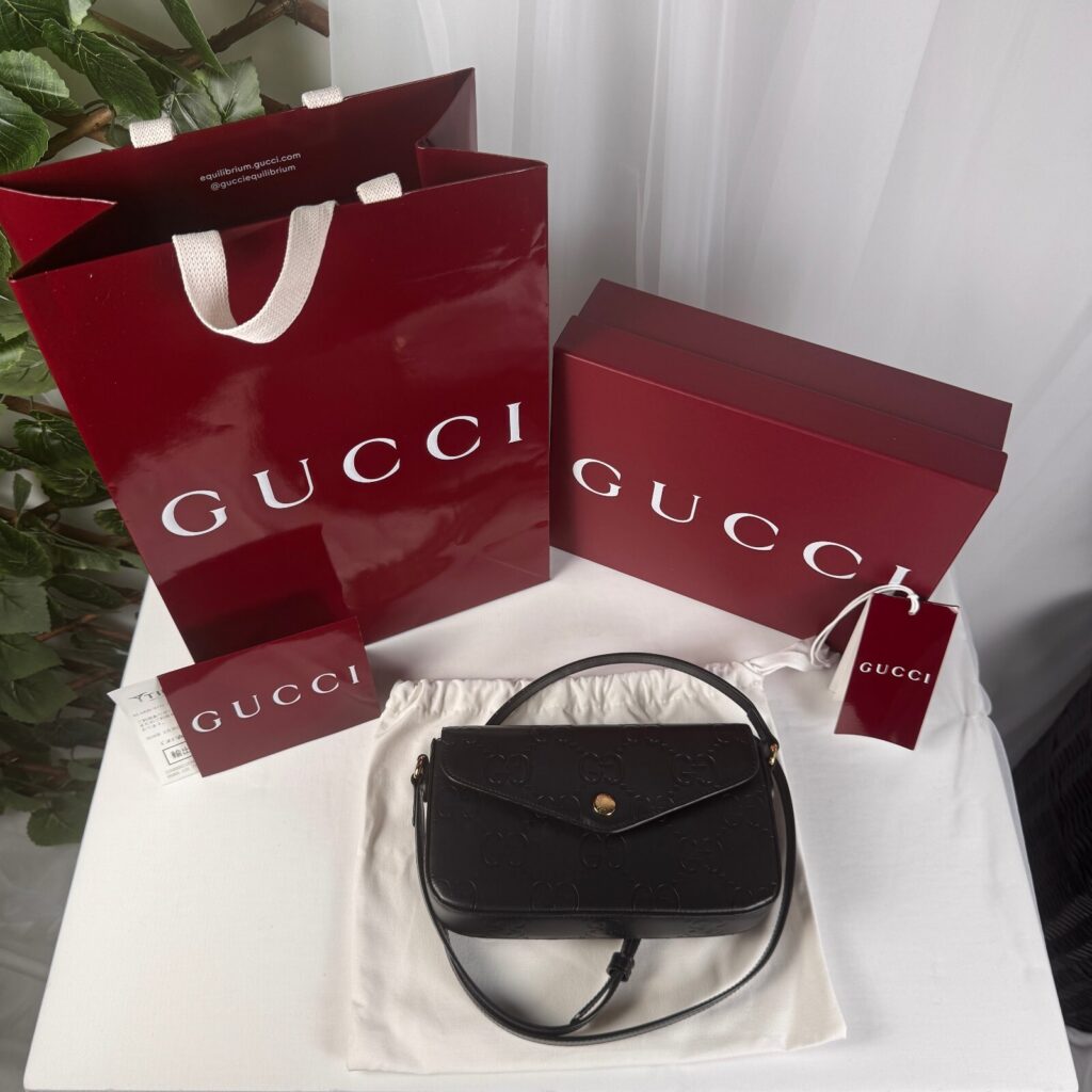 Gucci Black GG Embossed Leather Mini Shoulder Bag with Gold-Tone Hardware – Full Set