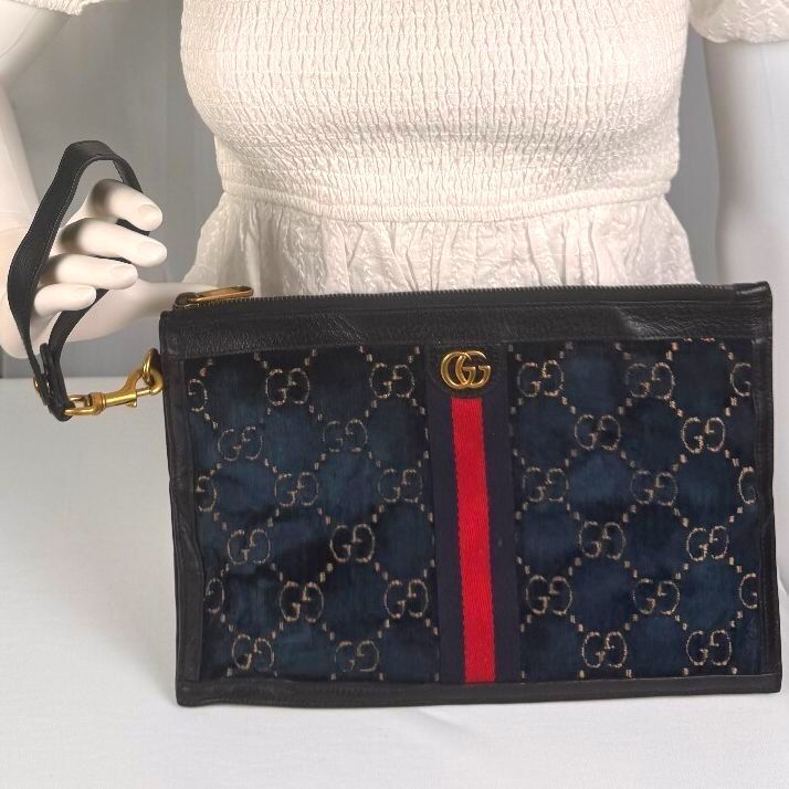 Gucci Ophidia GG Velvet Wristlet Clutch Navy Blue with Red Web Stripe