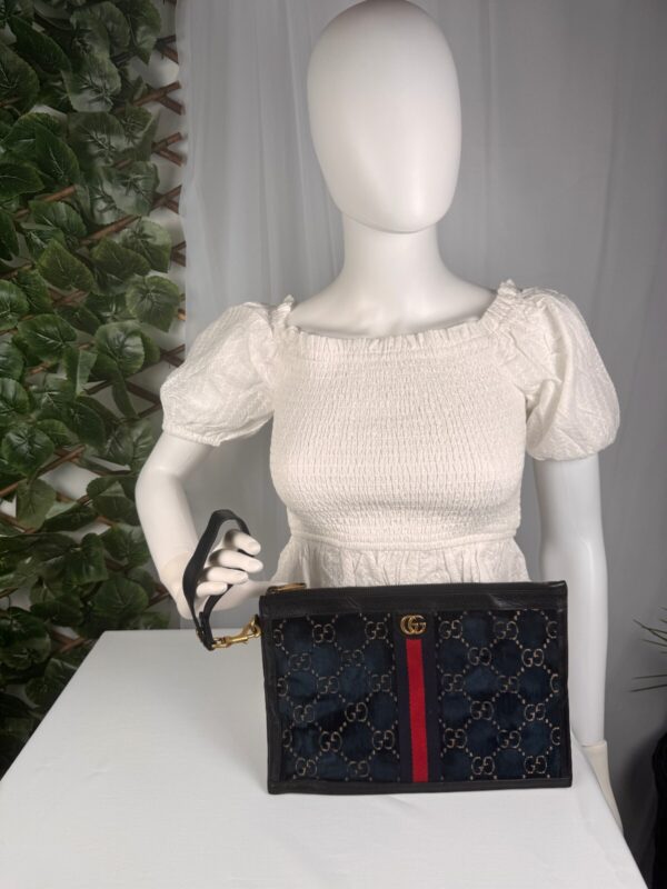 p1-190.jpg Gucci Ophidia GG Velvet Wristlet Clutch Navy Blue with Red Web Stripe