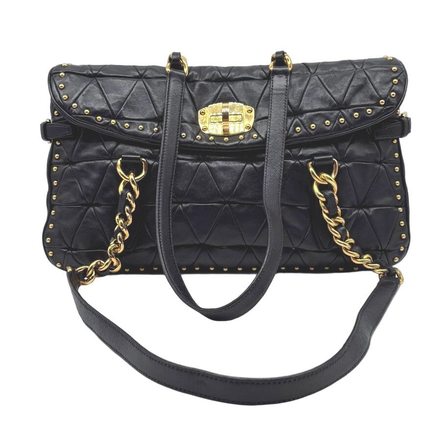 Miu Miu Nappa Quilted Studded Tote Deep Eggplant Purple Gold Hardware