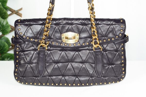 p1-73.jpg Miu Miu Nappa Quilted Studded Tote Deep Eggplant Purple Gold Hardware