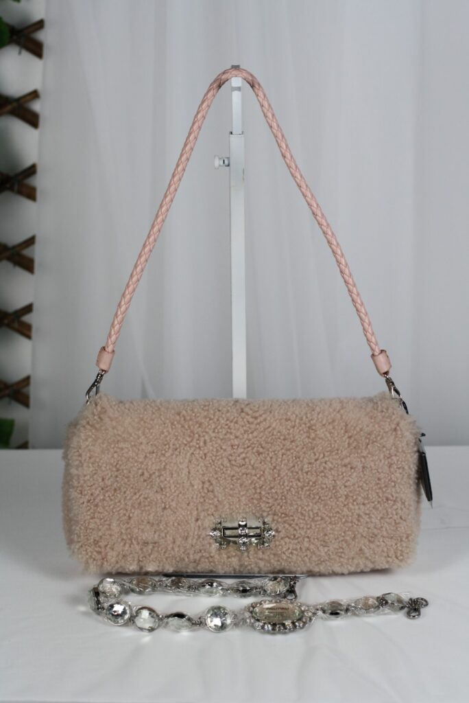 Miu Miu Pink Shearling Crystal Chain Shoulder Bag