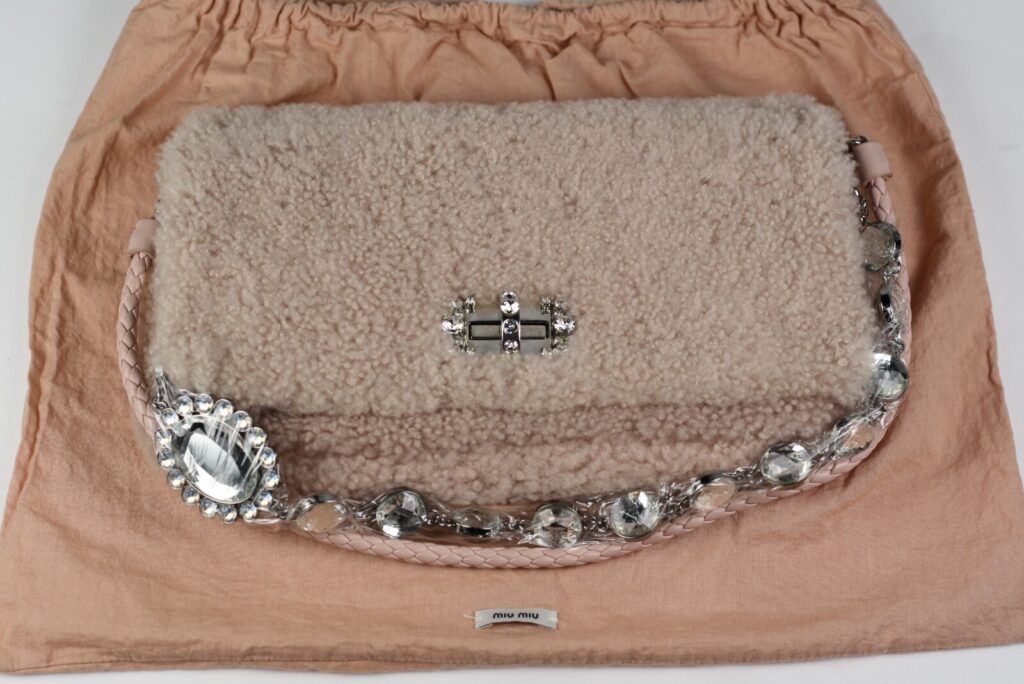 Miu Miu Pink Shearling Crystal Chain Shoulder Bag