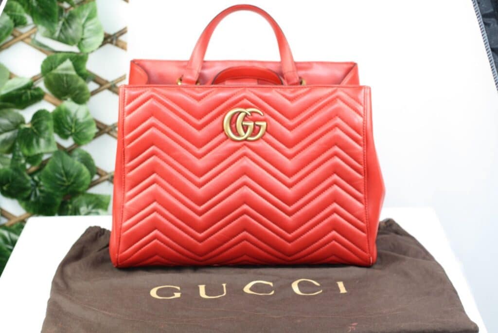 Gucci GG Marmont Medium Red Matelassé Leather Top Handle Tote